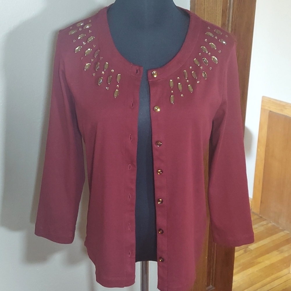 Women's Rafaella Petite Wine Cardigan with Champagne Gold Accents Sz PM - Picture 6 of 11
